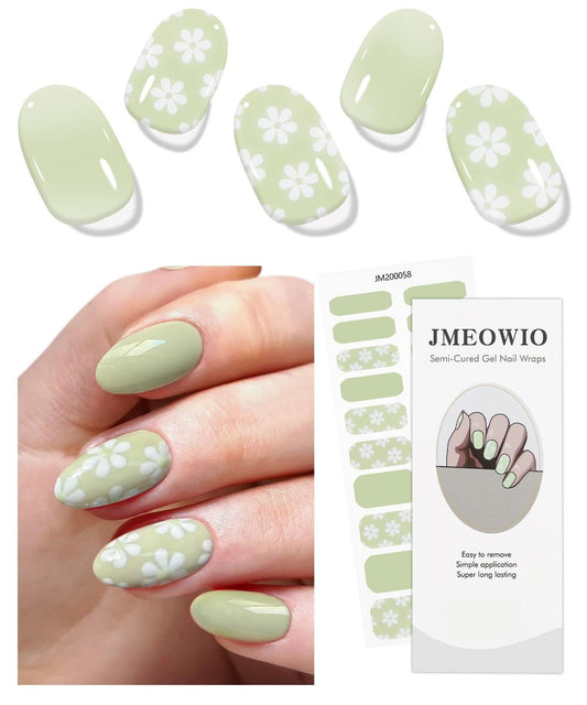 JMEOWIO Gel-Nagelaufkleber Weiße Blume Hellgrün Semi-Cured Gel-Nagelstreifen UV/LED Nagelkunst Design Dekoration Zubehör