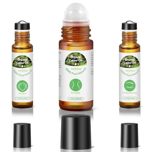 Leczhmyo Bio Rizinusöl Roll-On für Bauch, Gesicht, Körper, Augen – zertifiziert biologisch, kaltgepresst, hexanfrei, unraffiniert – 3 Glasflaschen reines Rizinusöl mit Rollkugel zur Feuchtigkeitspflege von Haut und Lippen