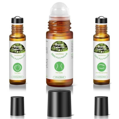 Leczhmyo Bio Rizinusöl Roll-On für Bauch, Gesicht, Körper, Augen – zertifiziert biologisch, kaltgepresst, hexanfrei, unraffiniert – 3 Glasflaschen reines Rizinusöl mit Rollkugel zur Feuchtigkeitspflege von Haut und Lippen