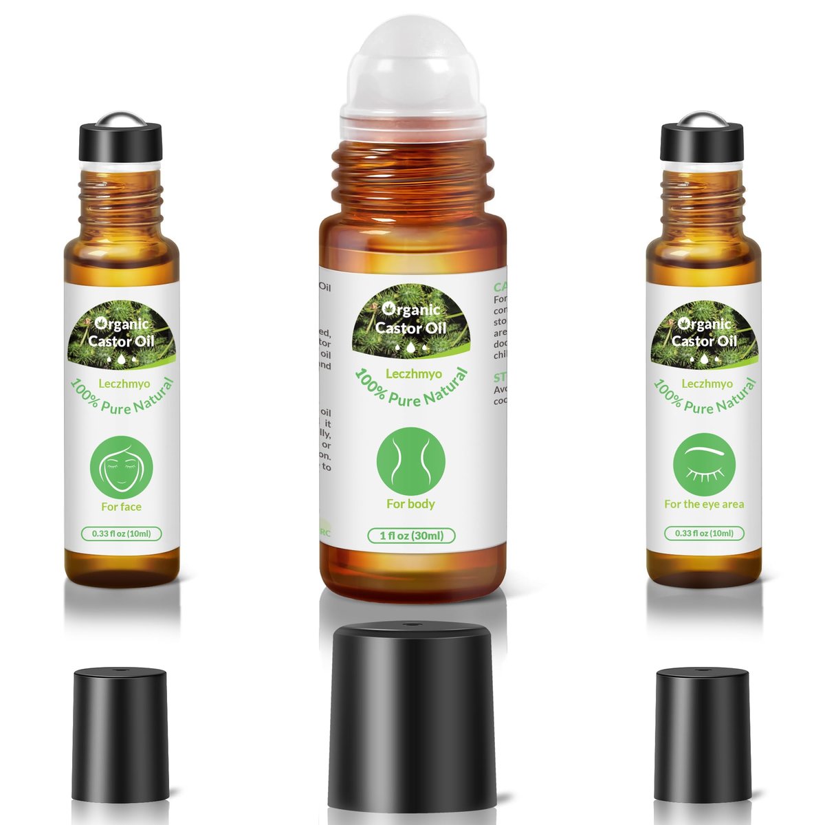 Leczhmyo Bio Rizinusöl Roll-On für Bauch, Gesicht, Körper, Augen – zertifiziert biologisch, kaltgepresst, hexanfrei, unraffiniert – 3 Glasflaschen reines Rizinusöl mit Rollkugel zur Feuchtigkeitspflege von Haut und Lippen