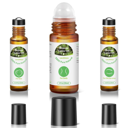 Leczhmyo Bio Rizinusöl Roll-On für Bauch, Gesicht, Körper, Augen – zertifiziert biologisch, kaltgepresst, hexanfrei, unraffiniert – 3 Glasflaschen reines Rizinusöl mit Rollkugel zur Feuchtigkeitspflege von Haut und Lippen
