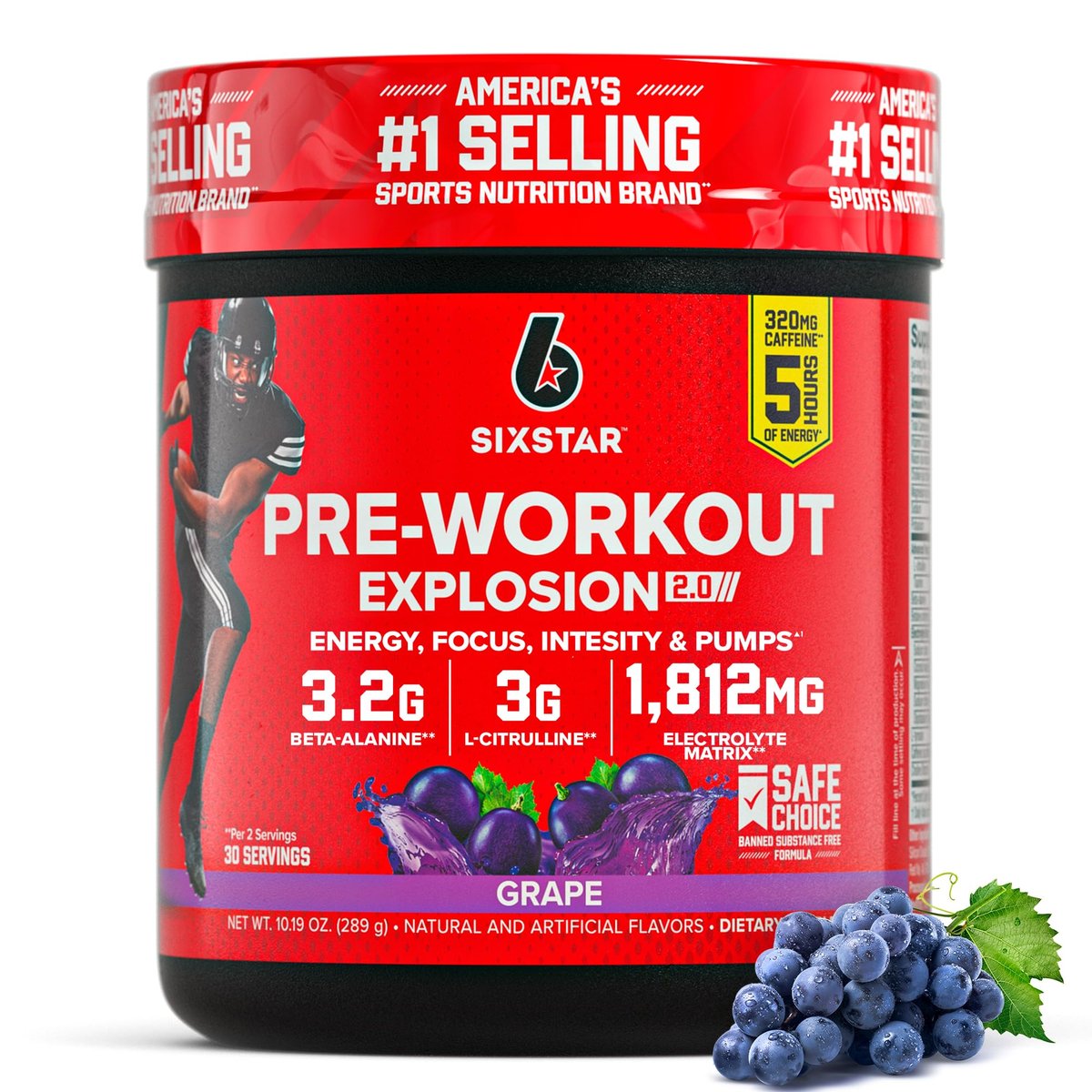 Six Star Pre-Workout Explosion, Traube (30 Portionen) - Pulver für Energie vor dem Training für Männer & Frauen - Workout-Getränkemischung mit L-Tyrosin & Beta-Alanin - Sporternährungsprodukte