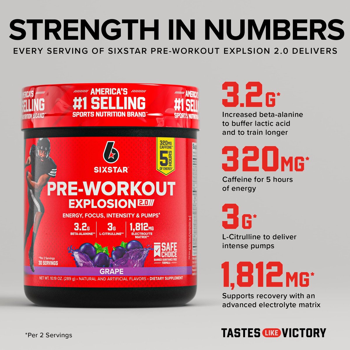 Six Star Pre-Workout Explosion, Traube (30 Portionen) - Pulver für Energie vor dem Training für Männer & Frauen - Workout-Getränkemischung mit L-Tyrosin & Beta-Alanin - Sporternährungsprodukte