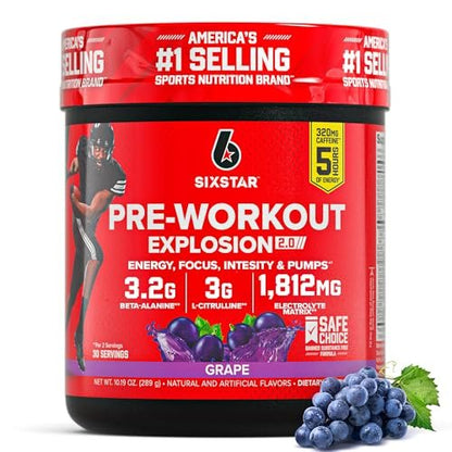 Six Star Pre-Workout Explosion, Traube (30 Portionen) - Pulver für Energie vor dem Training für Männer & Frauen - Workout-Getränkemischung mit L-Tyrosin & Beta-Alanin - Sporternährungsprodukte
