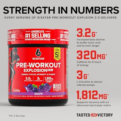 Six Star Pre-Workout Explosion, Traube (30 Portionen) - Pulver für Energie vor dem Training für Männer & Frauen - Workout-Getränkemischung mit L-Tyrosin & Beta-Alanin - Sporternährungsprodukte