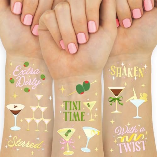 xo, Fetti Extra Dirty Martini Temporäre Tattoos – 50 Goldfolie Stücke | Geburtstags-Cocktail-Accessoire, Junggesellinnen-Oliven-Partygeschenk, Lustige 30. Geburtstagsaktivität