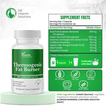 Thermogene Fatburner Brazilian Lean – Abnehmkapseln für Frauen & Männer | Appetitzügler & Stoffwechsel-Booster mit Grüntee, Garcinia | Bauchfett, Energie & Blähungen Unterstützung – 35 Kapseln