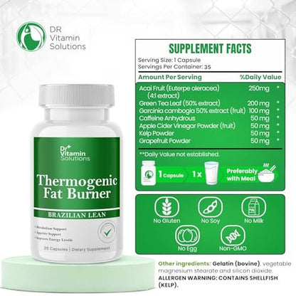 Thermogene Fatburner Brazilian Lean – Abnehmkapseln für Frauen & Männer | Appetitzügler & Stoffwechsel-Booster mit Grüntee, Garcinia | Bauchfett, Energie & Blähungen Unterstützung – 35 Kapseln