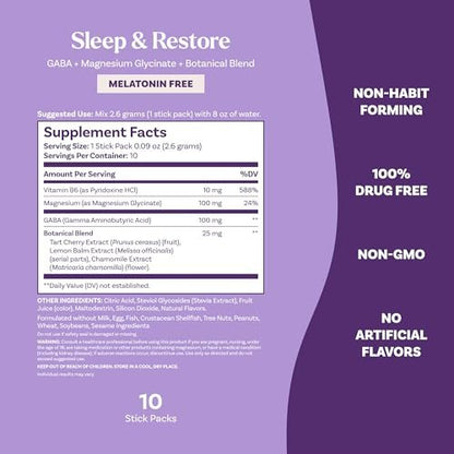 Natrol Sleep + Restore Beruhigendes Getränkepulver mit Magnesiumglycinat, Melatoninfreier Schlafhilfe, Zitronen-Kamille, 10 Stick-Packs