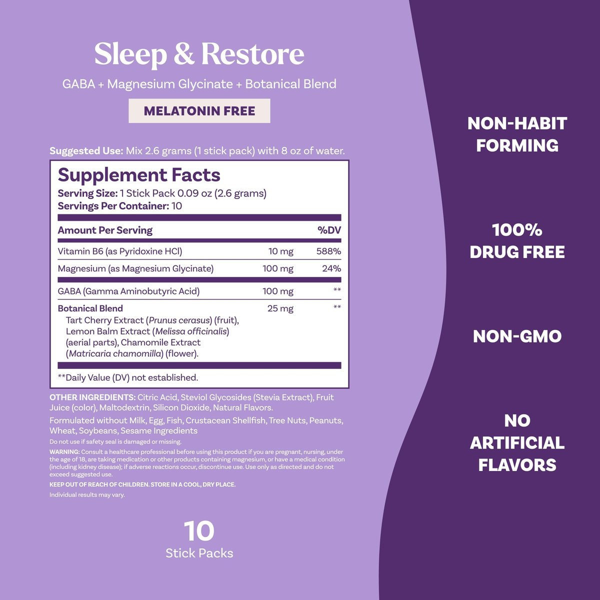 Natrol Sleep + Restore Beruhigendes Getränkepulver mit Magnesiumglycinat, Melatoninfreier Schlafhilfe, Zitronen-Kamille, 10 Stick-Packs