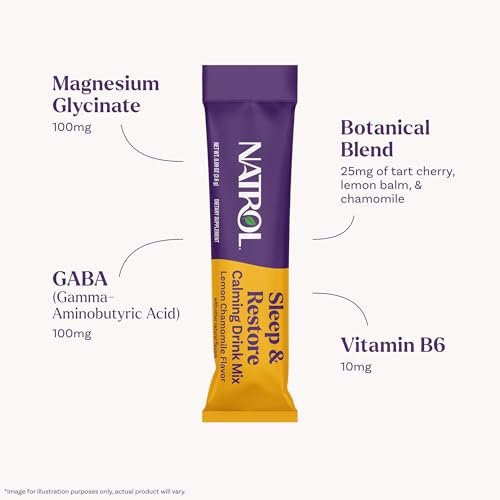Natrol Sleep + Restore Beruhigendes Getränkepulver mit Magnesiumglycinat, Melatoninfreier Schlafhilfe, Zitronen-Kamille, 10 Stick-Packs