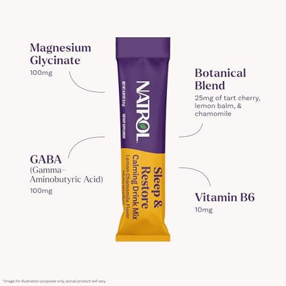 Natrol Sleep + Restore Beruhigendes Getränkepulver mit Magnesiumglycinat, Melatoninfreier Schlafhilfe, Zitronen-Kamille, 10 Stick-Packs