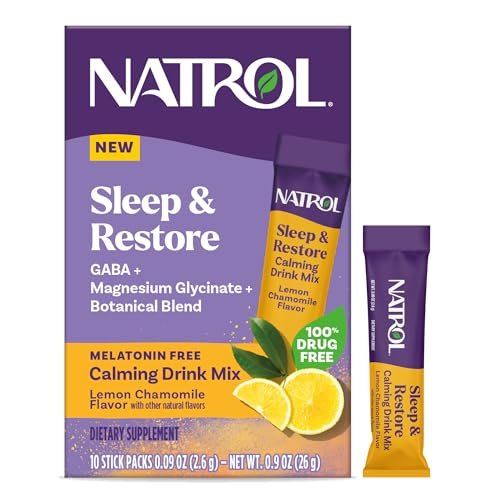 Natrol Sleep + Restore Beruhigendes Getränkepulver mit Magnesiumglycinat, Melatoninfreier Schlafhilfe, Zitronen-Kamille, 10 Stick-Packs