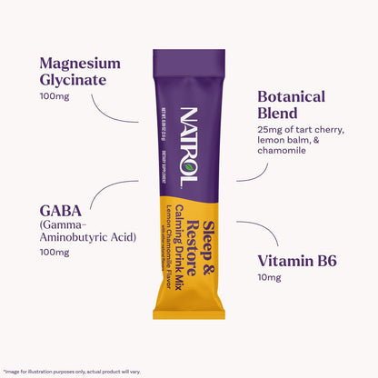 Natrol Sleep + Restore Beruhigendes Getränkepulver mit Magnesiumglycinat, Melatoninfreier Schlafhilfe, Zitronen-Kamille, 10 Stick-Packs