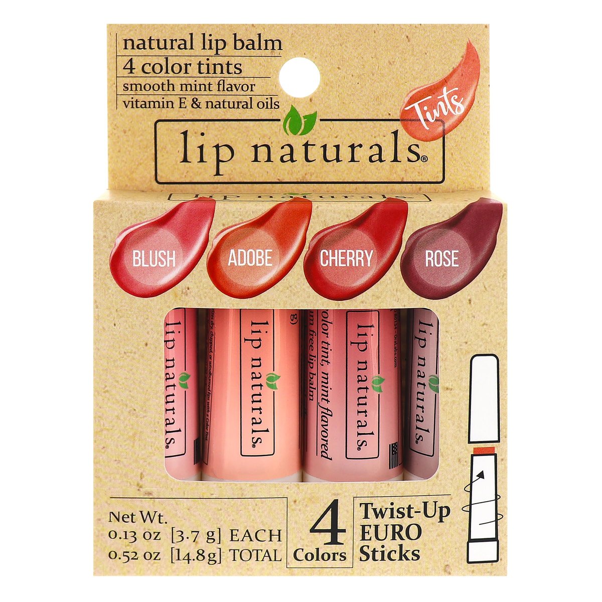 Lip Naturals Tönender Lippenbalsam 4er-Pack in verschiedenen Farben mit Bienenwachs, Kokosöl, Vitamin E und Aloe – Feuchtigkeitsspendende Lippenpflege mit erfrischendem Minzgeschmack