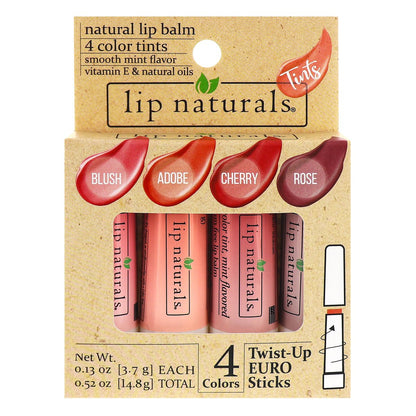 Lip Naturals Tönender Lippenbalsam 4er-Pack in verschiedenen Farben mit Bienenwachs, Kokosöl, Vitamin E und Aloe – Feuchtigkeitsspendende Lippenpflege mit erfrischendem Minzgeschmack