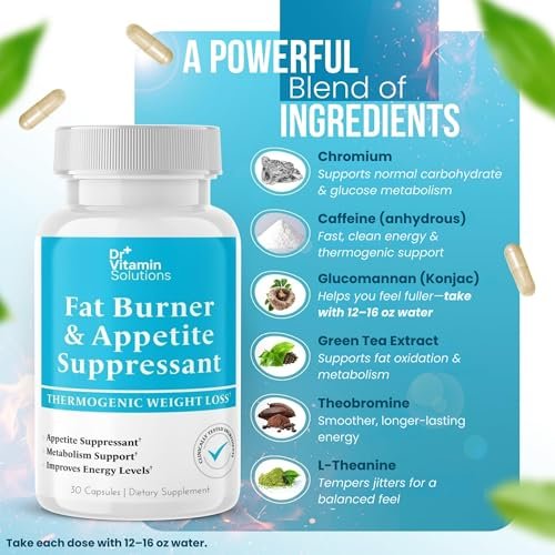 Fatburner für Frauen & Männer – Appetitzügler zur Gewichtsabnahme – Kapseln mit Stoffwechsel-Booster, Thermogenese, Chrom, Koffein & grünem Tee – 30 Kapseln