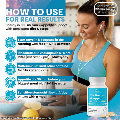 Fatburner für Frauen & Männer – Appetitzügler zur Gewichtsabnahme – Kapseln mit Stoffwechsel-Booster, Thermogenese, Chrom, Koffein & grünem Tee – 30 Kapseln