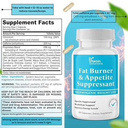 Fatburner für Frauen & Männer – Appetitzügler zur Gewichtsabnahme – Kapseln mit Stoffwechsel-Booster, Thermogenese, Chrom, Koffein & grünem Tee – 30 Kapseln