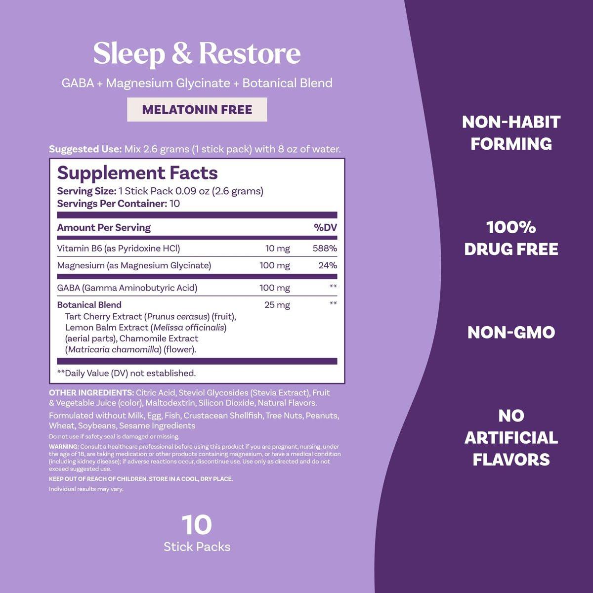 Natrol Sleep & Restore Beruhigendes Getränk mit Magnesiumglycinat - Melatoninfrei, Kirsche, 10 Stickpacks