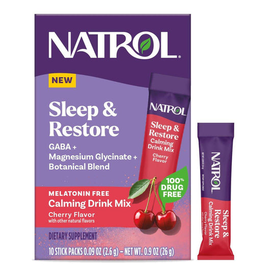 Natrol Sleep & Restore Beruhigendes Getränk mit Magnesiumglycinat - Melatoninfrei, Kirsche, 10 Stickpacks