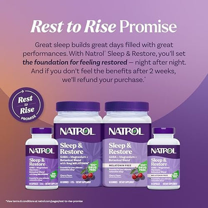 Natrol Sleep + Restore Magnesium Glycinat Gummis mit Melatonin 5mg – Ruhiger Schlaf mit Magnesium, GABA, botanischer Mischung, Kirsche, 60 Stück