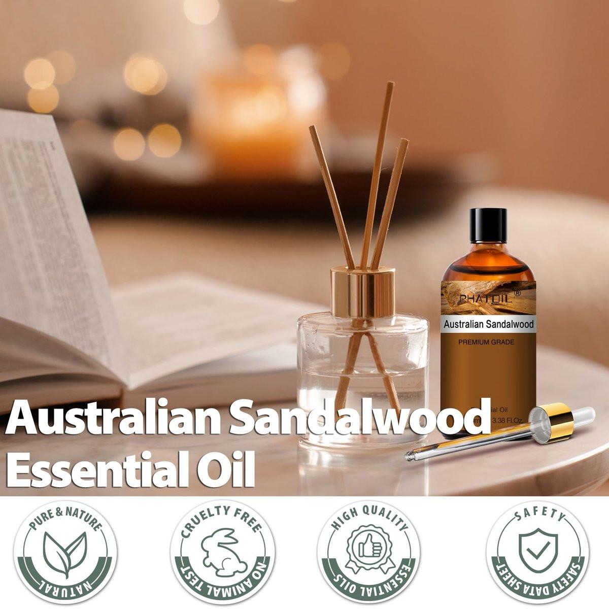 PHATOIL Reines ätherisches Öl – Australisches Sandelholz 100 ml für Haarpflege, Nagelpflege, Hautpflege, Aromatherapie, DIY Kerzen- und Seifenherstellung