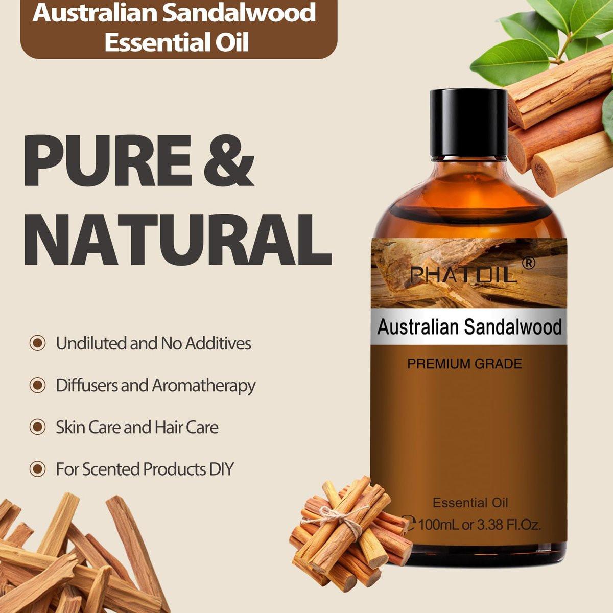 PHATOIL Reines ätherisches Öl – Australisches Sandelholz 100 ml für Haarpflege, Nagelpflege, Hautpflege, Aromatherapie, DIY Kerzen- und Seifenherstellung