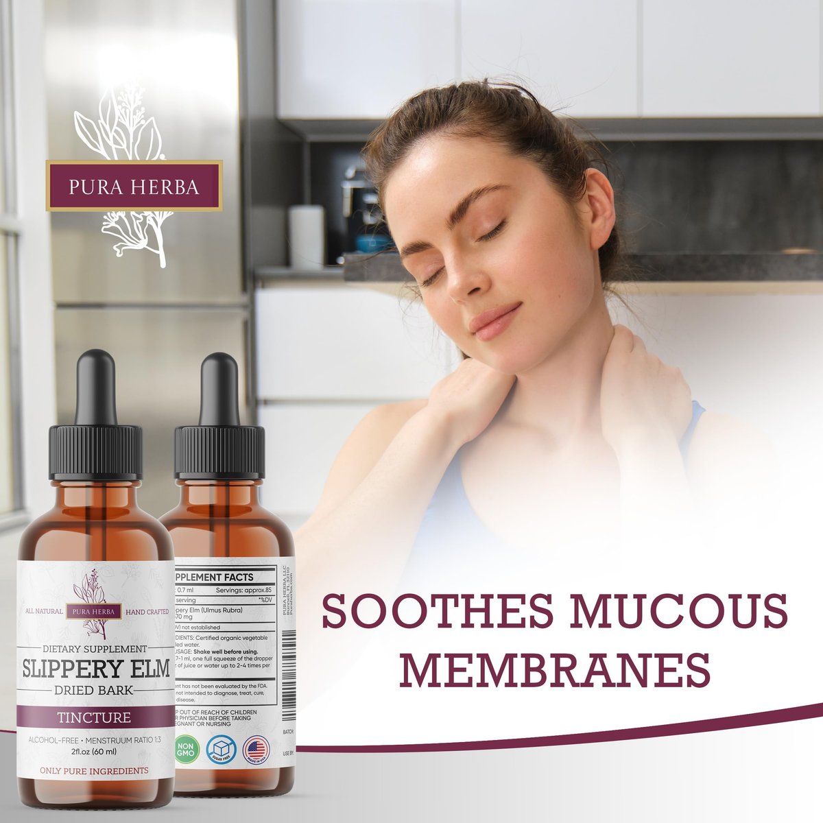 Pura Herba Ulmenrinde (Slippery Elm) Tropfen – Alkoholfrei | Ulmus Rubra Flüssigextrakt | Pflanzliche Unterstützung für Verdauung & Hals | Beruhigende Schleimstoff-Formel – 60 ml