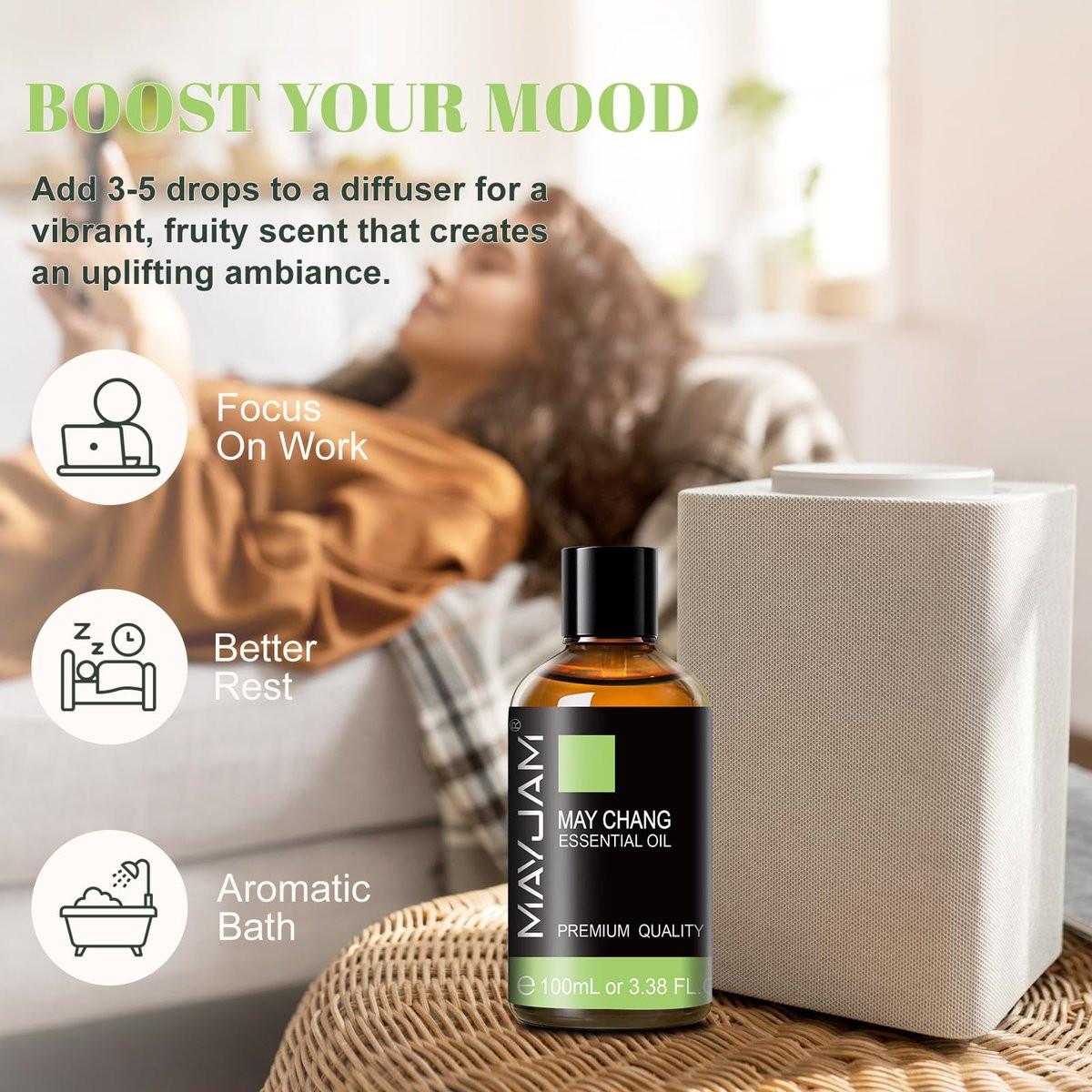 MAYJAM May Chang (Litsea Cubeba) Reines ätherisches Öl 100 ml – 3,38 FL.OZ für Massage, Hautpflege, Haarpflege, Diffuser, Kerzen- und Seifenherstellung