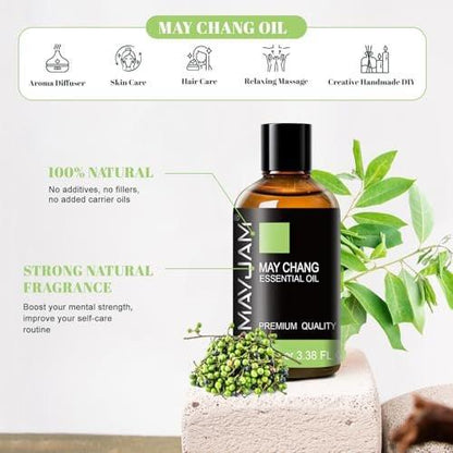 MAYJAM May Chang (Litsea Cubeba) Reines ätherisches Öl 100 ml – 3,38 FL.OZ für Massage, Hautpflege, Haarpflege, Diffuser, Kerzen- und Seifenherstellung