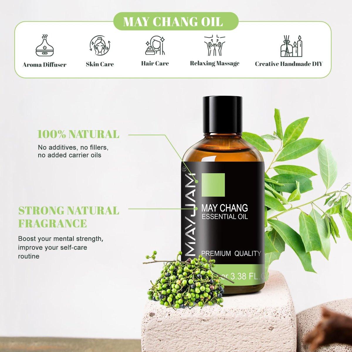 MAYJAM May Chang (Litsea Cubeba) Reines ätherisches Öl 100 ml – 3,38 FL.OZ für Massage, Hautpflege, Haarpflege, Diffuser, Kerzen- und Seifenherstellung