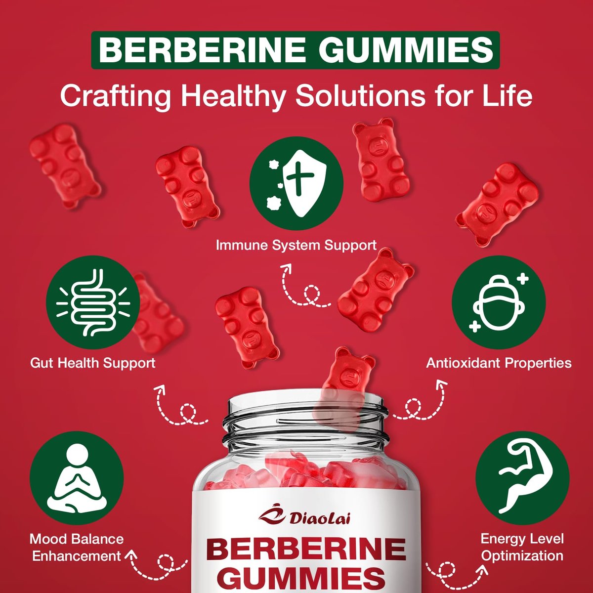 Berberin Gummis 2000mg - Natürliches Bio-Berberin HCL Präparat - Vegan, Non-GMO, Glutenfrei - Himbeergeschmack - 60 Stück