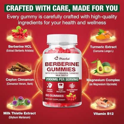 Berberin Gummis 2000mg - Natürliches Bio-Berberin HCL Präparat - Vegan, Non-GMO, Glutenfrei - Himbeergeschmack - 60 Stück