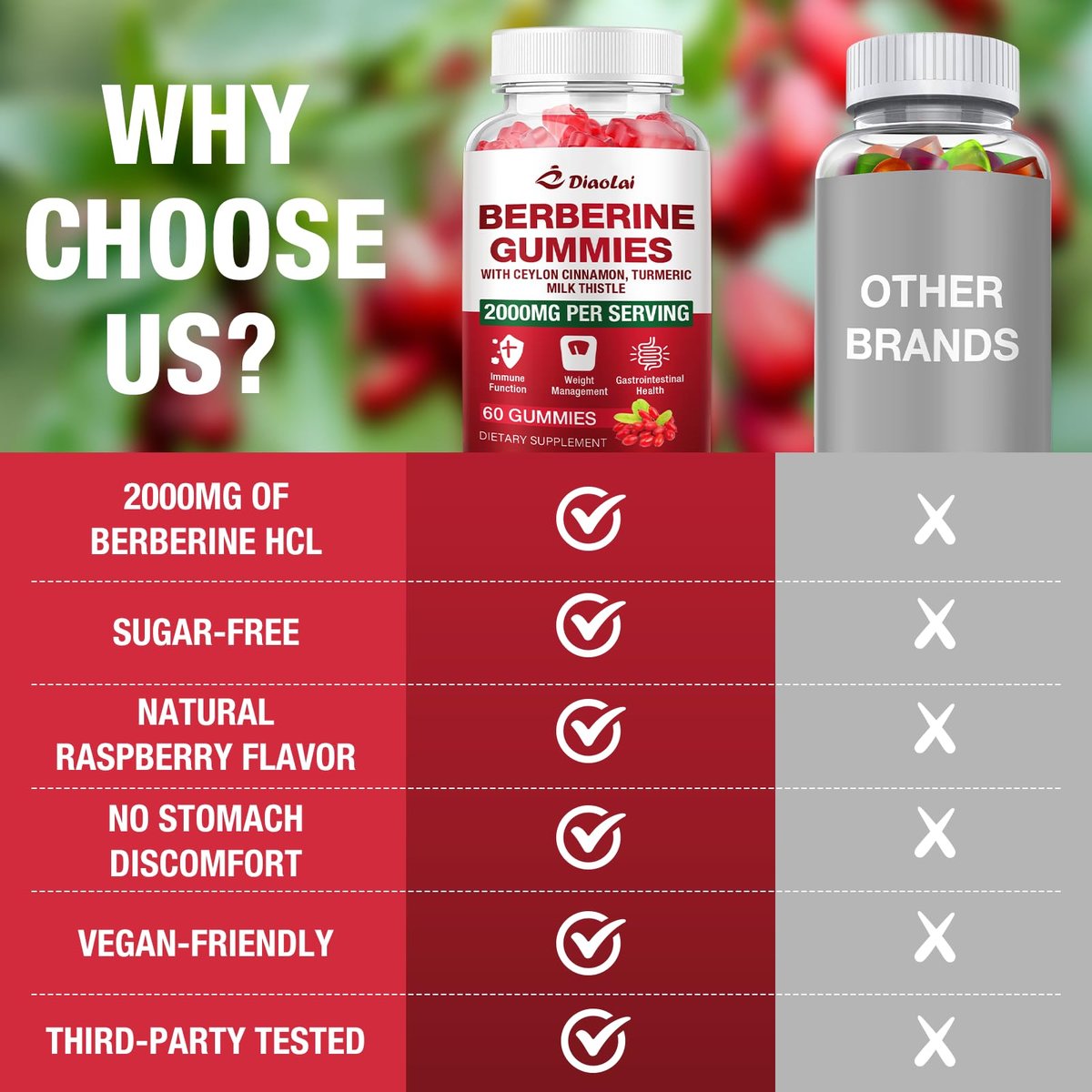 Berberin Gummis 2000mg - Natürliches Bio-Berberin HCL Präparat - Vegan, Non-GMO, Glutenfrei - Himbeergeschmack - 60 Stück