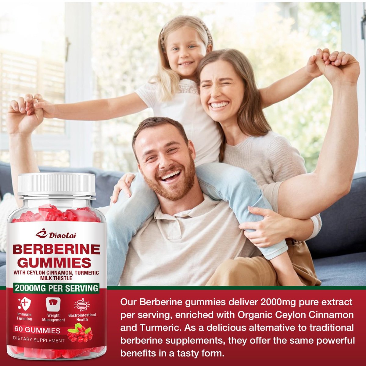 Berberin Gummis 2000mg - Natürliches Bio-Berberin HCL Präparat - Vegan, Non-GMO, Glutenfrei - Himbeergeschmack - 60 Stück