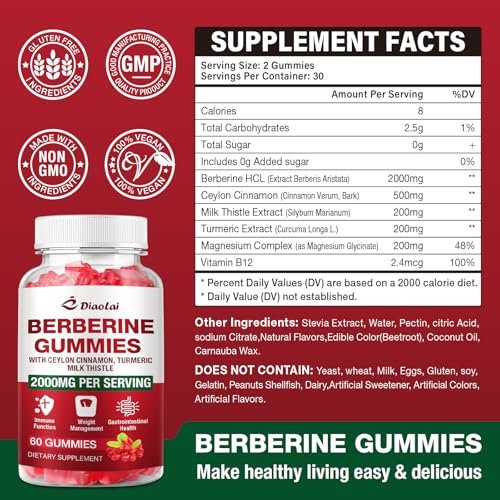 Berberin Gummis 2000mg - Natürliches Bio-Berberin HCL Präparat - Vegan, Non-GMO, Glutenfrei - Himbeergeschmack - 60 Stück