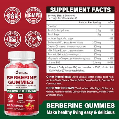 Berberin Gummis 2000mg - Natürliches Bio-Berberin HCL Präparat - Vegan, Non-GMO, Glutenfrei - Himbeergeschmack - 60 Stück