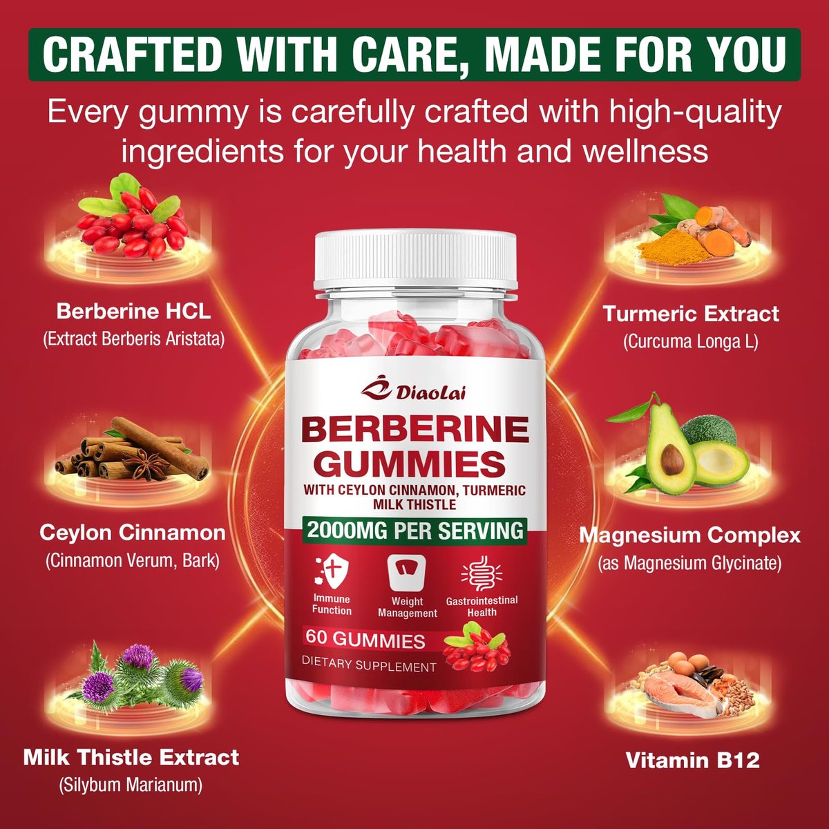 Berberin Gummis 2000mg - Natürliches Bio-Berberin HCL Präparat - Vegan, Non-GMO, Glutenfrei - Himbeergeschmack - 60 Stück