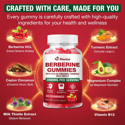 Berberin Gummis 2000mg - Natürliches Bio-Berberin HCL Präparat - Vegan, Non-GMO, Glutenfrei - Himbeergeschmack - 60 Stück