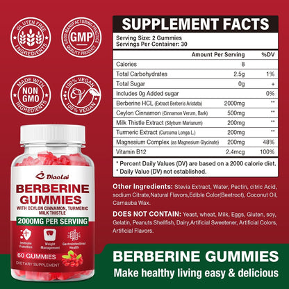 Berberin Gummis 2000mg - Natürliches Bio-Berberin HCL Präparat - Vegan, Non-GMO, Glutenfrei - Himbeergeschmack - 60 Stück