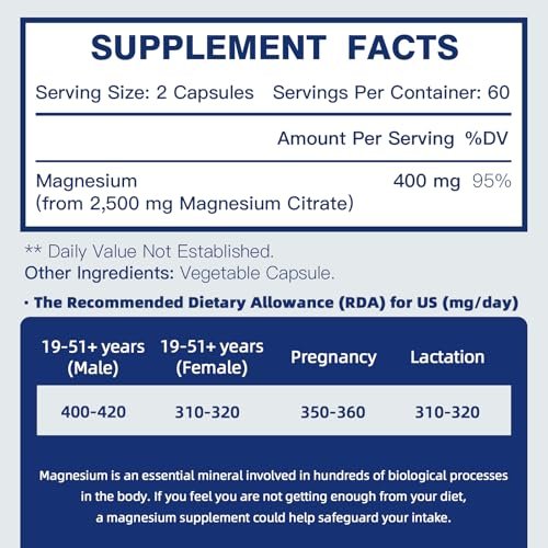 DRFOSTER Magnesiumcitrat Kapseln – Hochdosiertes reines Magnesium 400 mg für Verstopfung, Schlaf, Muskeln & Herz – Non-GMO 110 vegane Kapseln