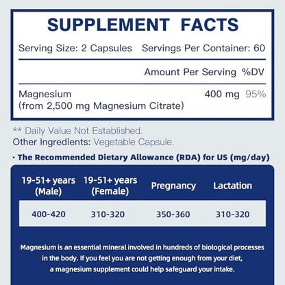 DRFOSTER Magnesiumcitrat Kapseln – Hochdosiertes reines Magnesium 400 mg für Verstopfung, Schlaf, Muskeln & Herz – Non-GMO 110 vegane Kapseln