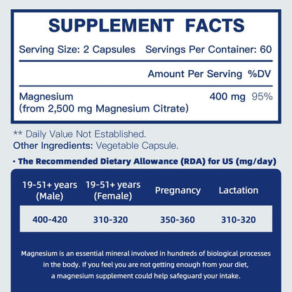 DRFOSTER Magnesiumcitrat Kapseln – Hochdosiertes reines Magnesium 400 mg für Verstopfung, Schlaf, Muskeln & Herz – Non-GMO 110 vegane Kapseln