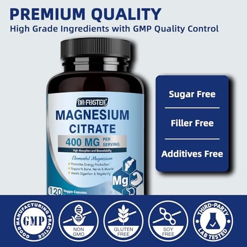 DRFOSTER Magnesiumcitrat Kapseln – Hochdosiertes reines Magnesium 400 mg für Verstopfung, Schlaf, Muskeln & Herz – Non-GMO 110 vegane Kapseln