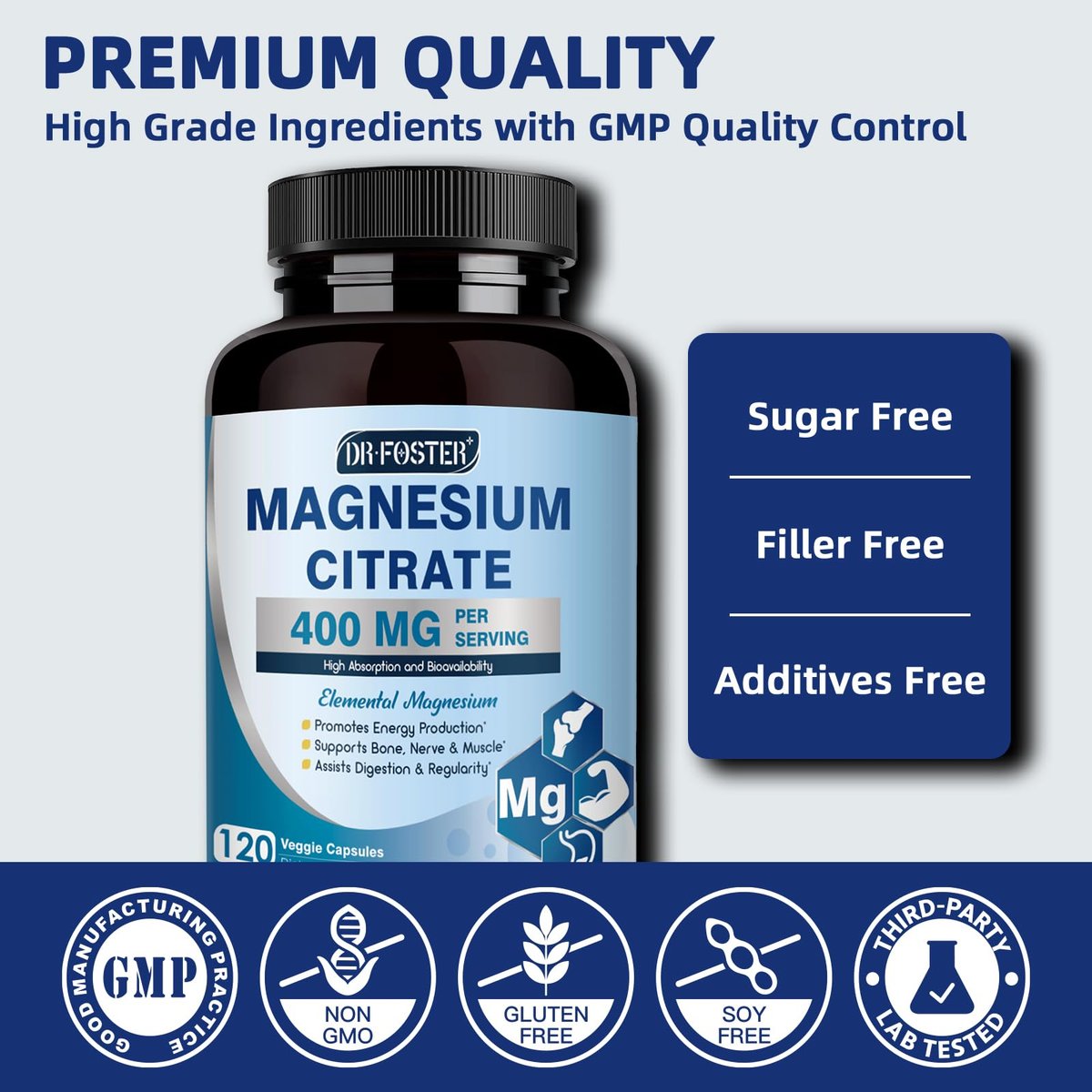 DRFOSTER Magnesiumcitrat Kapseln – Hochdosiertes reines Magnesium 400 mg für Verstopfung, Schlaf, Muskeln & Herz – Non-GMO 110 vegane Kapseln