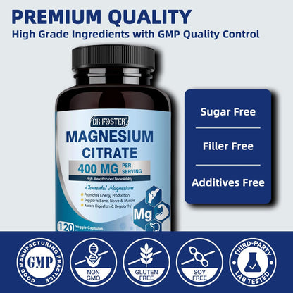 DRFOSTER Magnesiumcitrat Kapseln – Hochdosiertes reines Magnesium 400 mg für Verstopfung, Schlaf, Muskeln & Herz – Non-GMO 110 vegane Kapseln