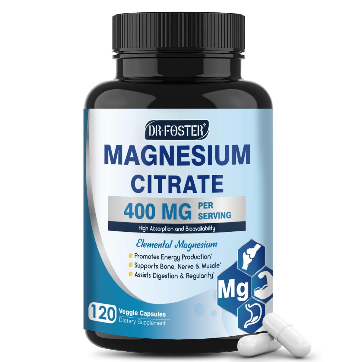 DRFOSTER Magnesiumcitrat Kapseln – Hochdosiertes reines Magnesium 400 mg für Verstopfung, Schlaf, Muskeln & Herz – Non-GMO 110 vegane Kapseln