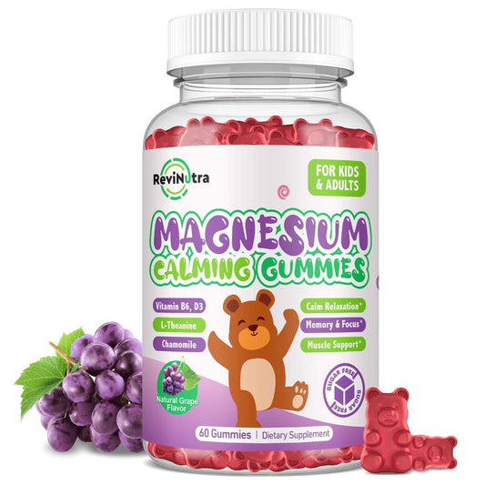 Magnesium Gummis für Kinder - Magnesiumglycinat Gummis mit L-Theanin, Vitamin B6, D3 - Unterstützt Ruhe, Schlaf, Entspannung, Gehirn, Knochen - Zuckerfrei Grape 60 Stück