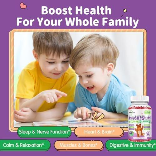 Magnesium Gummis für Kinder - Magnesiumglycinat Gummis mit L-Theanin, Vitamin B6, D3 - Unterstützt Ruhe, Schlaf, Entspannung, Gehirn, Knochen - Zuckerfrei Grape 60 Stück